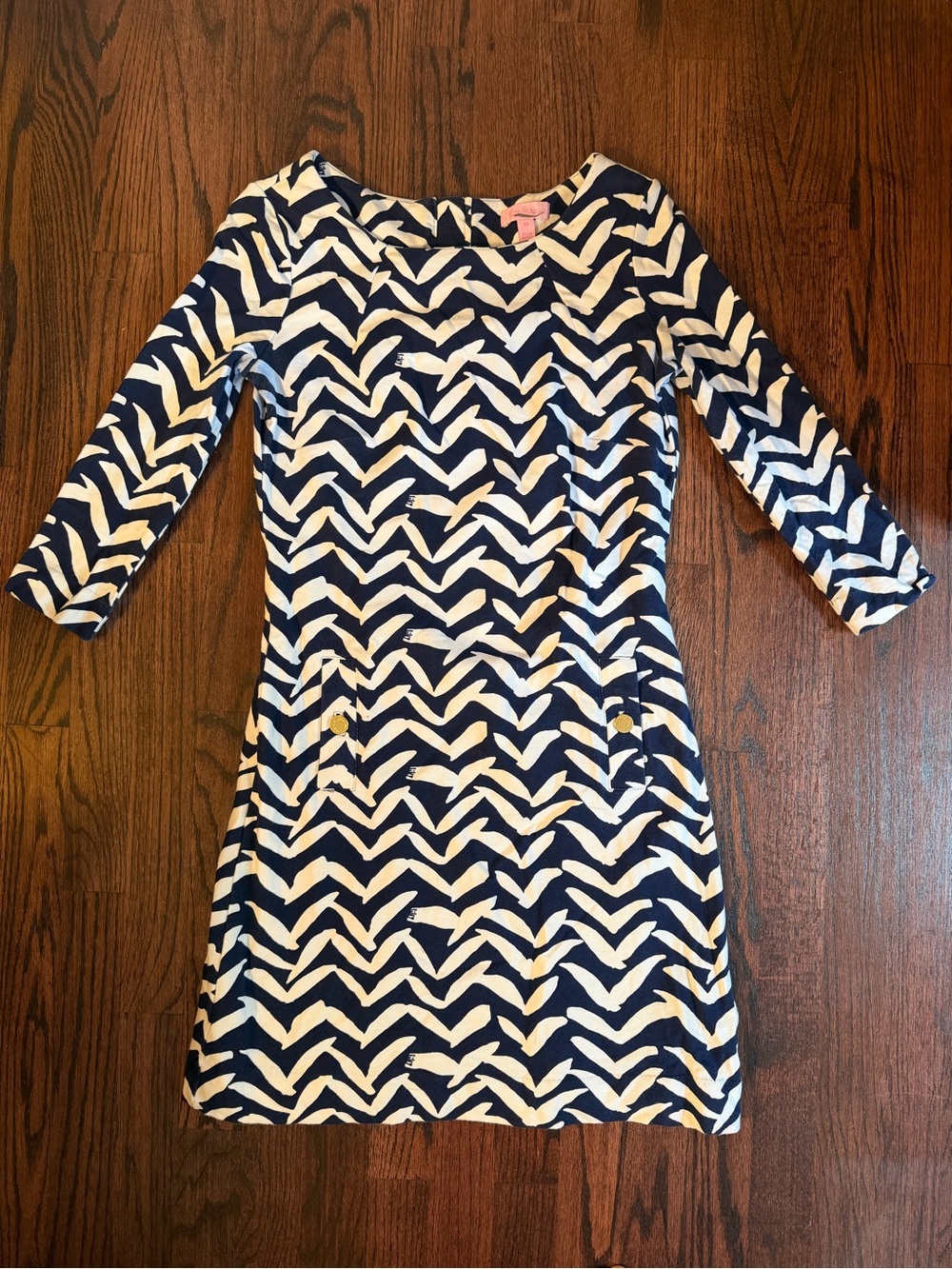 Lilly Pulitzer Navy and White Chevron Shift Dress with Gold Button Accents